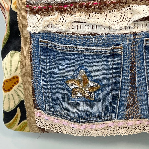 Upcycled Tote Market Bag Denim Lace Remnants Large Shopping Crafts Boho Artist - Picture 4 of 9